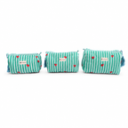 Three small cylindrical cosmetic pouches with a mint green and white striped pattern, accented with small red hearts and blue tassels, displayed on a white background.