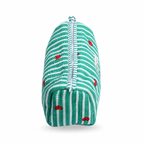 A green and white striped cotton muslin pouch with small red strawberry prints, featuring a matching green and white striped zipper closure, shown on a plain white background.