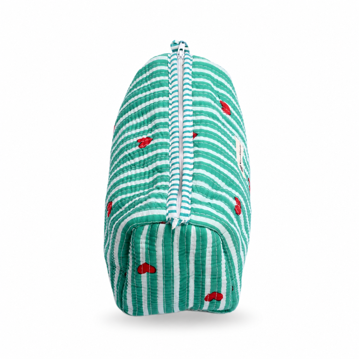 A green and white striped cotton muslin pouch with small red strawberry prints, featuring a matching green and white striped zipper closure, shown on a plain white background.