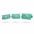 Three small zip pouches in matching green and white striped fabric with small red heart prints and blue tassels, shown on a clean white background.