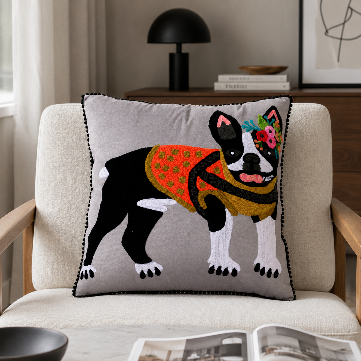 Dressed Up Pug Embroidered Cushion (With Filling) – 45 ×45 cm