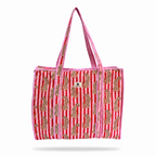 A pink and red striped tote bag with gold paisley patterns and pink-and-white braided shoulder straps, shown against a plain white background.