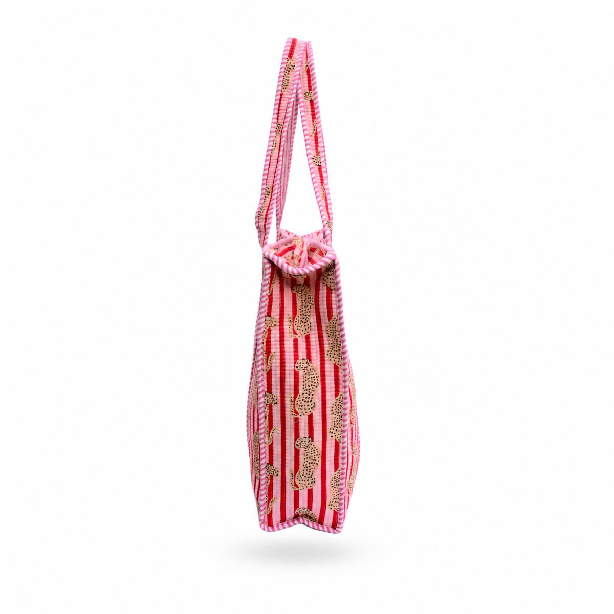 A red and white striped fabric tote bag with gold paisley patterns, shown from the side against a plain white background.