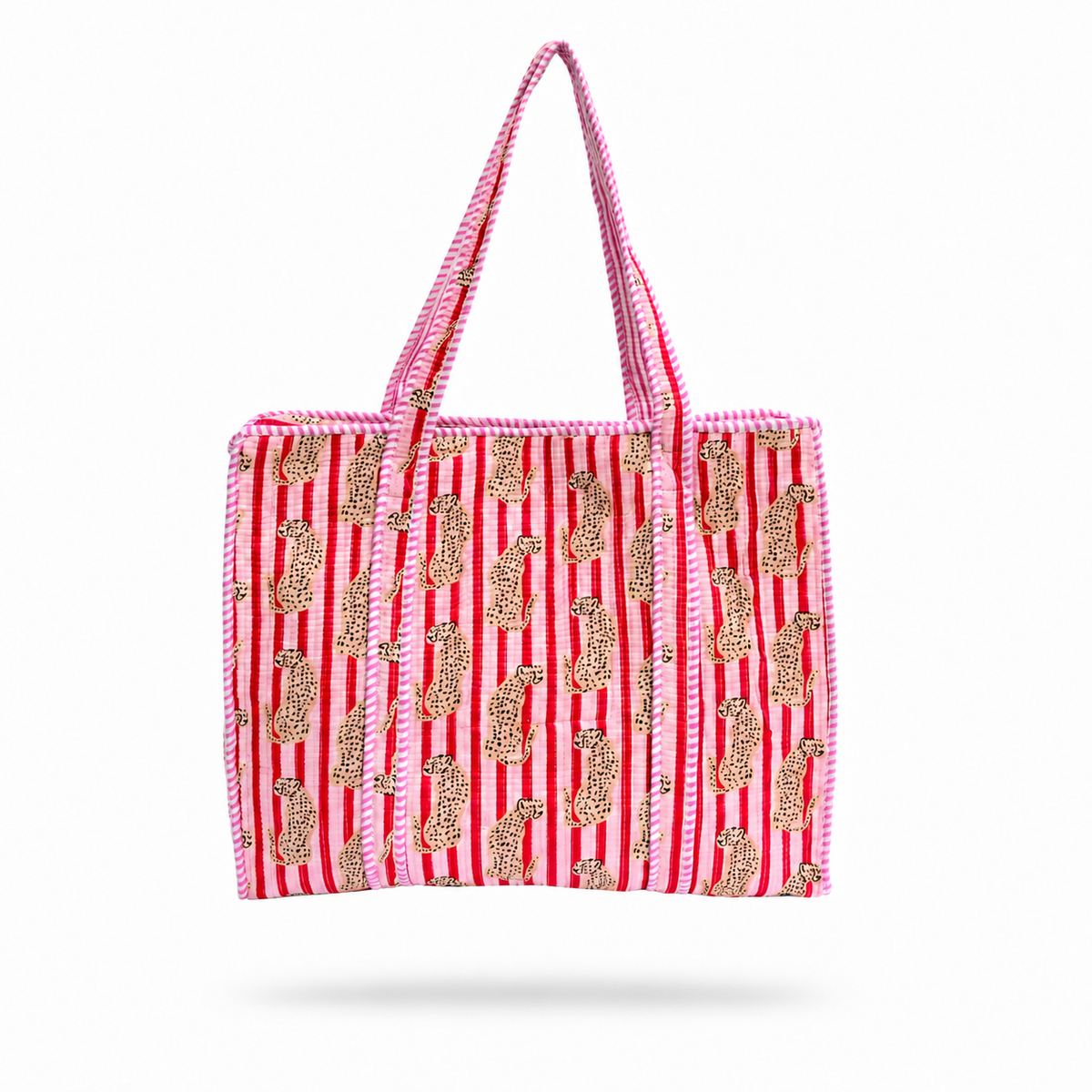 A pink and red striped tote bag with leopard print details, shown against a plain white background.