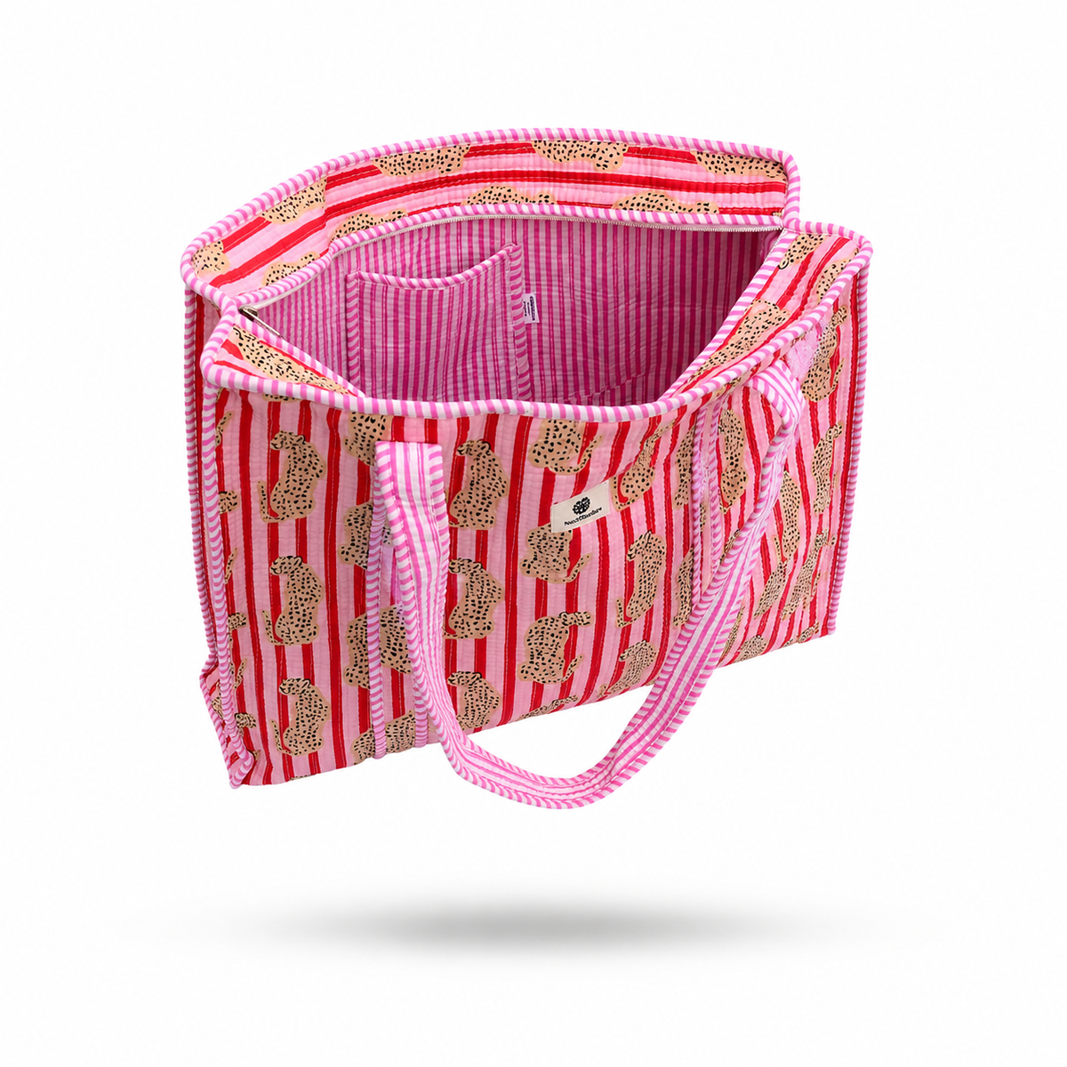 A pink and red striped tote bag with leopard print accents, featuring a top handle and an open top design, shown against a plain white background.