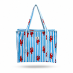 A striped tote bag with blue and white vertical stripes, red lobster motifs, and rope handles on a white background.