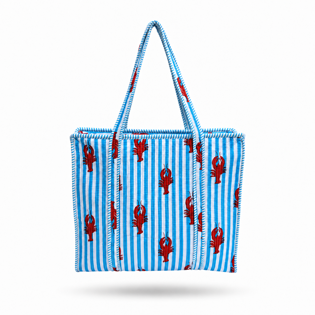 A striped tote bag with blue and white vertical stripes, decorated with red lobster motifs, featuring two rope-style shoulder straps, shown against a plain white background.