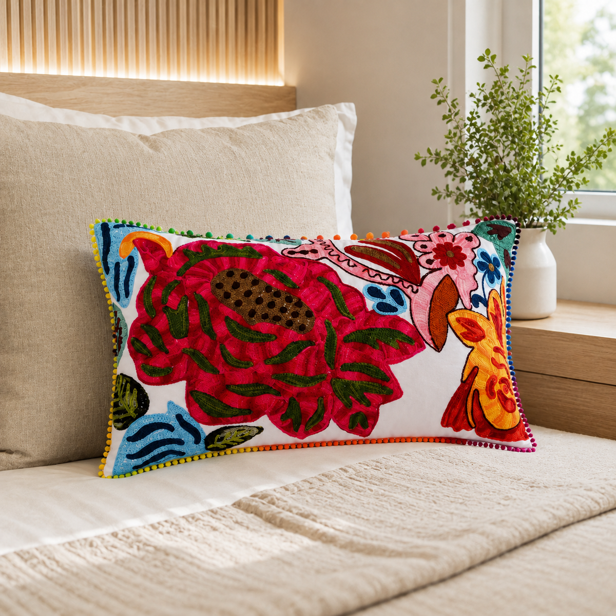 Wild Bloom Embroidered Cushion (With Filling) – 30 × 50 cm