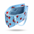 A fabric tote bag with a blue and white striped exterior patterned with red lobster motifs, featuring a matching blue and white striped interior and shoulder strap, shown on a white background.