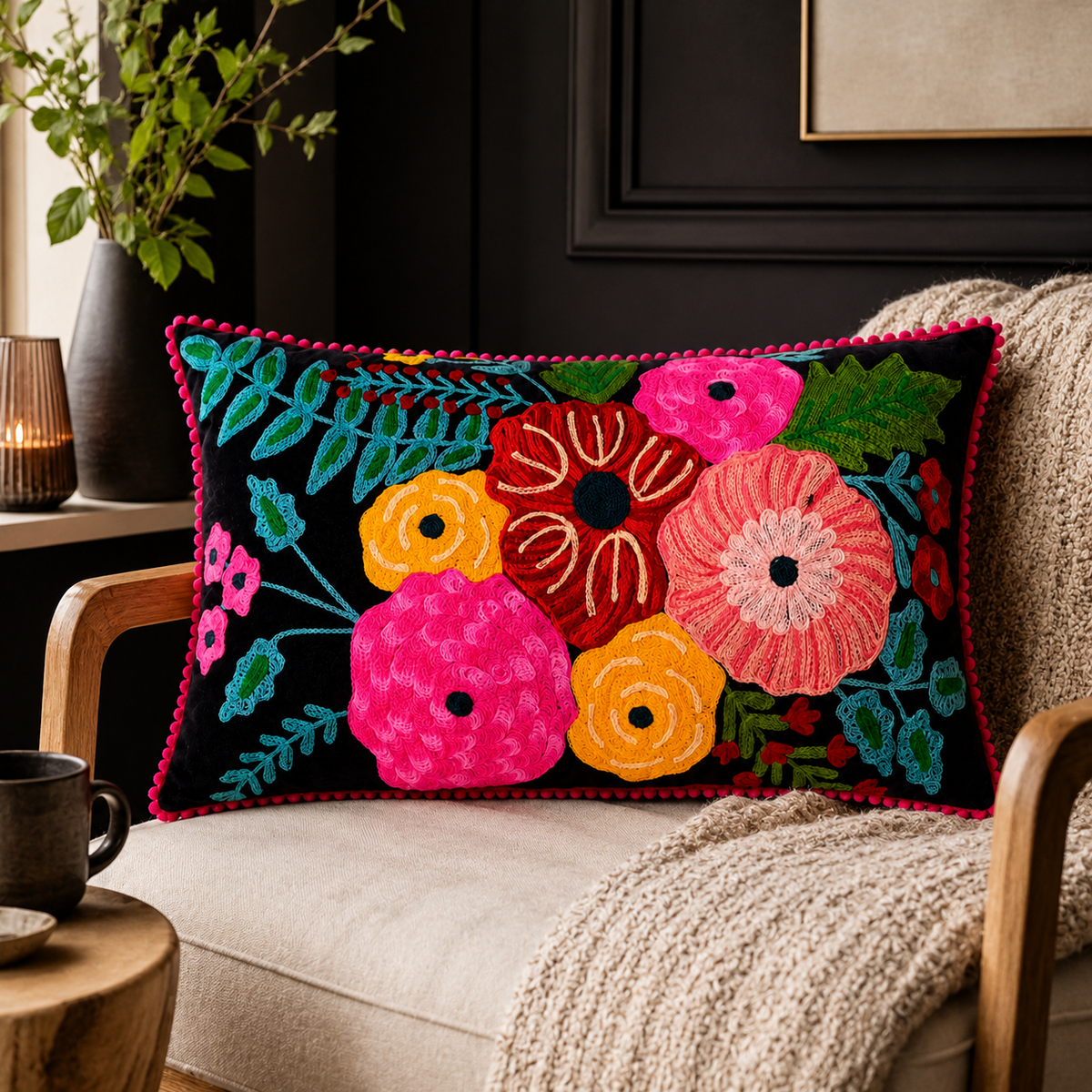 Midnight Garden Embroidered Cushion (With Filling) – 30 × 50 cm