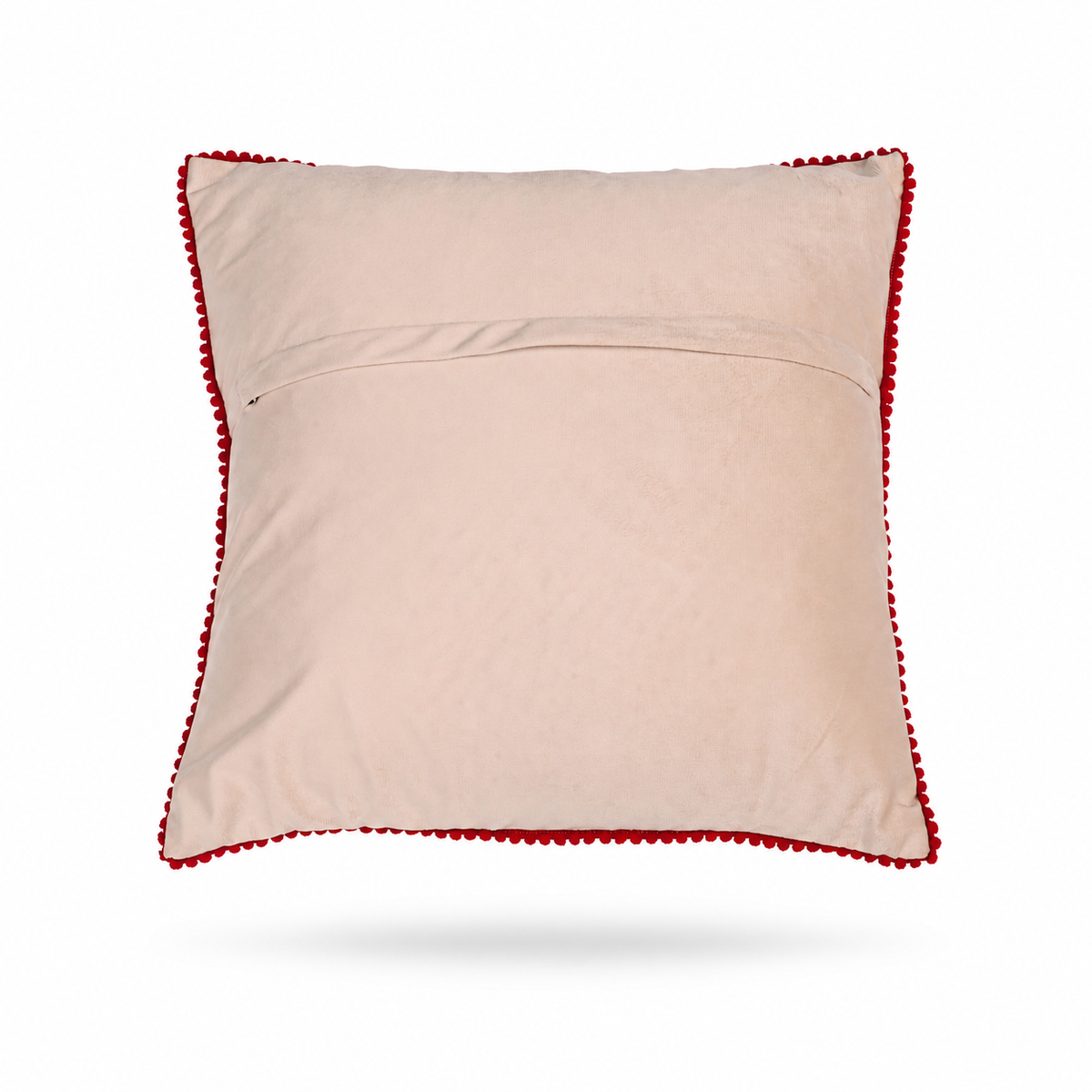 The backside of a square decorative throw pillow with a vibrant multicolor floral embroidery pattern on a light beige background, finished with a red pom-pom trim, shown against a plain white background.
