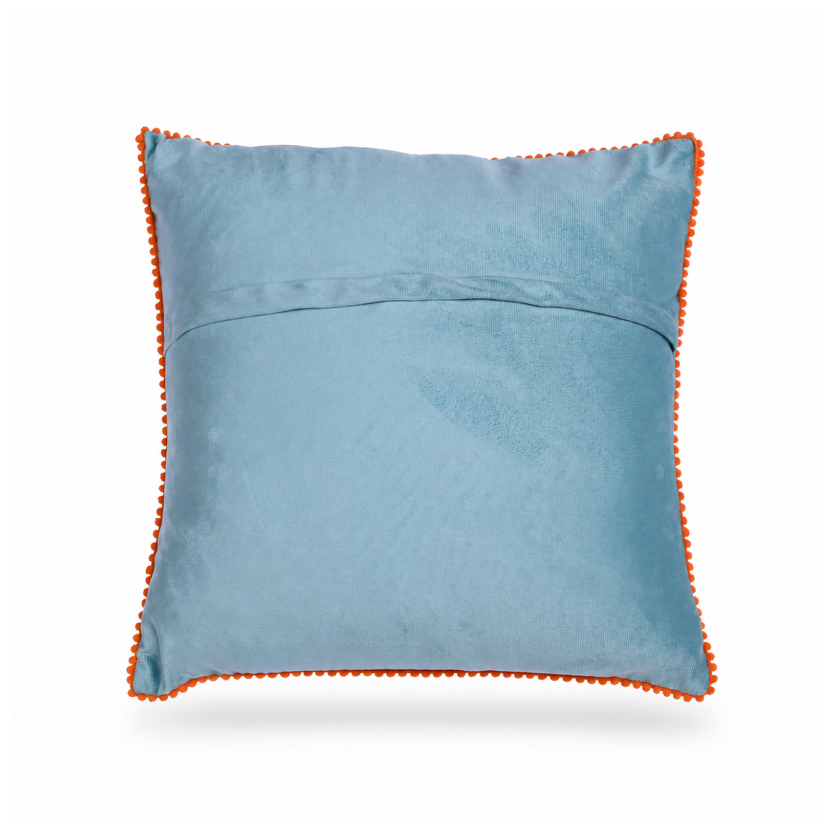 The backside of a  square decorative throw pillow featuring an embroidered black dachshund wearing a colorful floral crown on a light blue background, finished with an orange pom-pom piped edge.