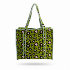 A tote bag with a green, pink, and black leopard print pattern, featuring a white and black zigzag stitched edge and dual shoulder straps, shown against a plain white background.