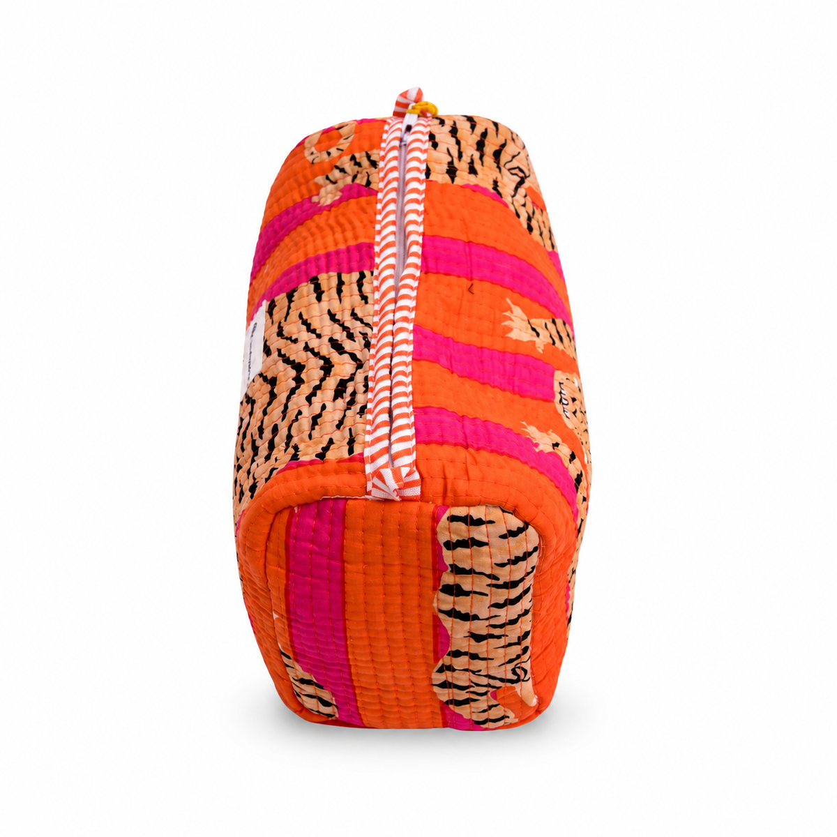 A small quilted zippered pouch featuring a vibrant orange and pink striped pattern with tiger-print panels on a white background.