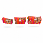 Three woven zip pouches in ascending sizes, featuring a vibrant tiger print pattern over vertical stripes of orange, pink, and brown, displayed on a clean white background with soft drop shadows.