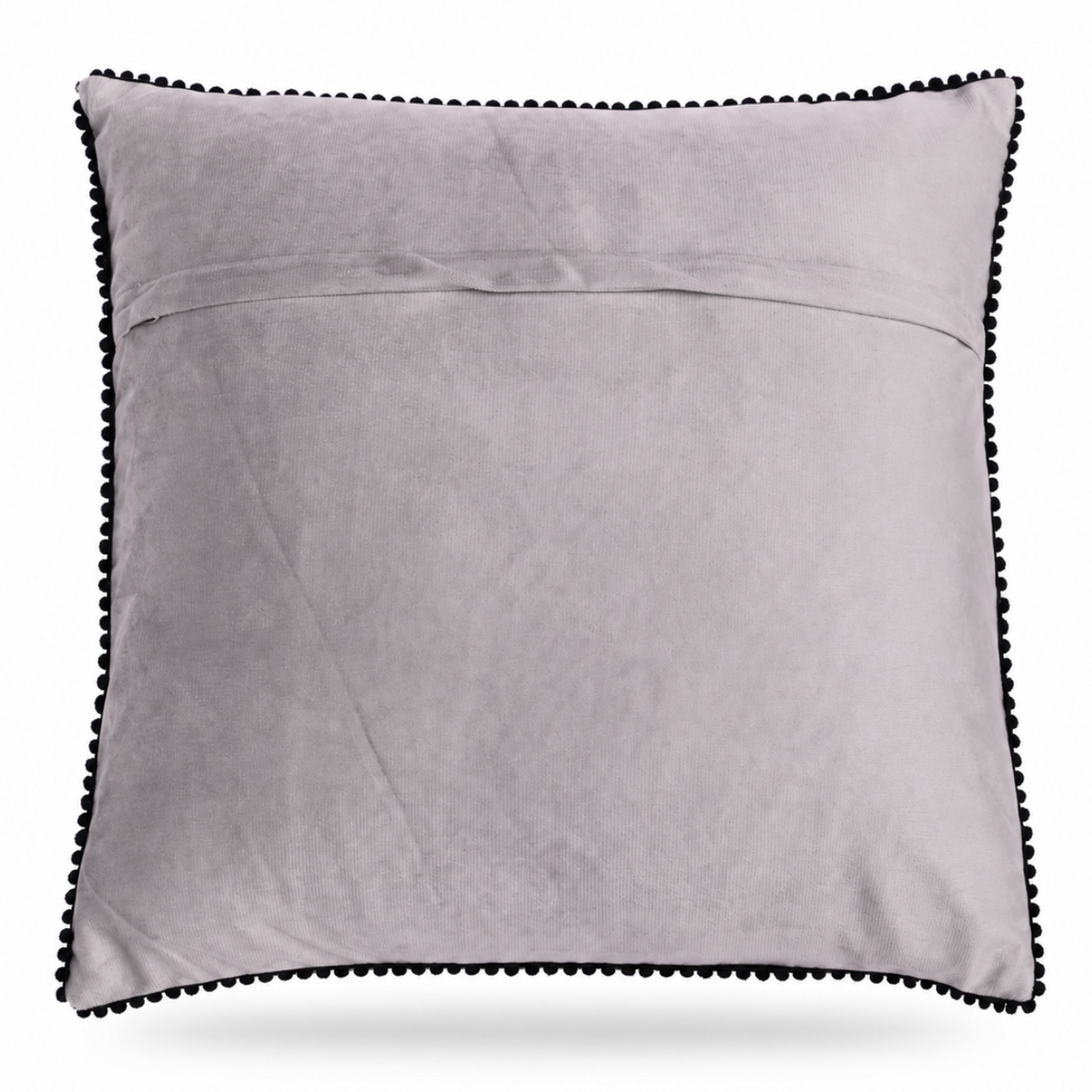 The backside of a square gray throw pillow with black pom-pom trim, featuring a stylized embroidered PUG dog wearing an orange patterned sweater and a colorful floral headband, set against a plain white background.
