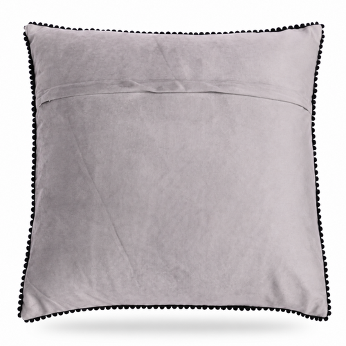The backside of a square gray throw pillow with black pom-pom trim, featuring a stylized embroidered PUG dog wearing an orange patterned sweater and a colorful floral headband, set against a plain white background.