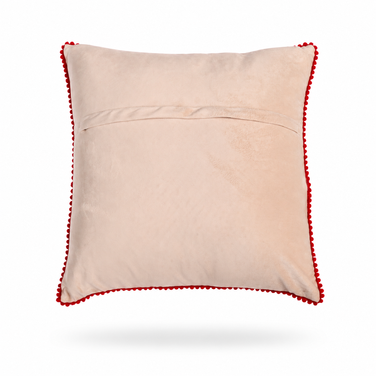back of a  square decorative throw pillow with a beige background and colorful floral embroidery, finished with a red pom-pom trim, shown on a white background.