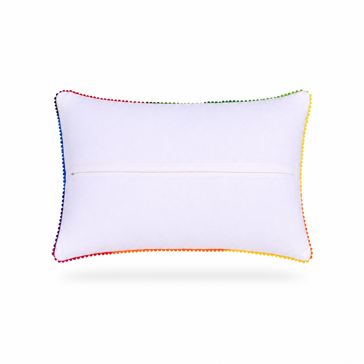 back of a rectangular decorative throw pillow with a white background and a vibrant, multicolored embroidered floral and animal pattern, featuring colorful pom-pom trim along the edges.