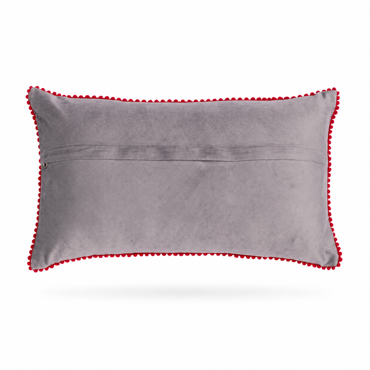 back of a  rectangular gray throw pillow with a colorful embroidered floral pattern in the center and a red pom-pom trim around the edges, shown on a white background.