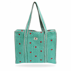 A green and white striped tote bag with small red hearts and striped trim, shown on a plain white background.