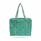 A green and white striped canvas tote bag with small red hearts and white zigzag trim along the handles and edges, shown against a plain white background.