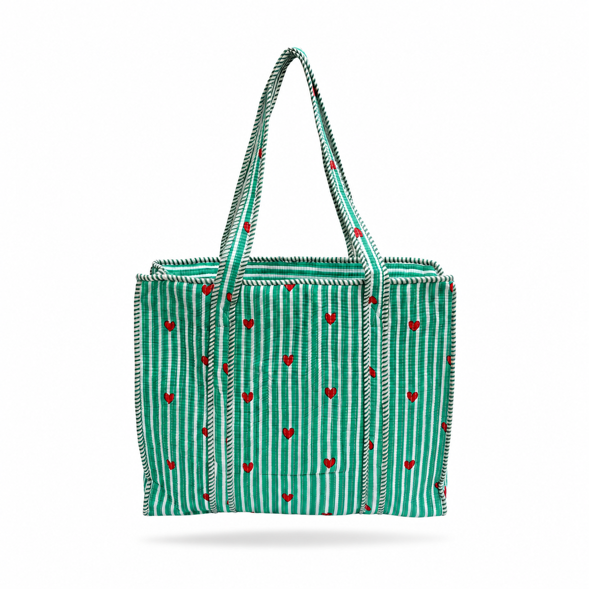 A green and white striped canvas tote bag with small red hearts and white zigzag trim along the handles and edges, shown against a plain white background.
