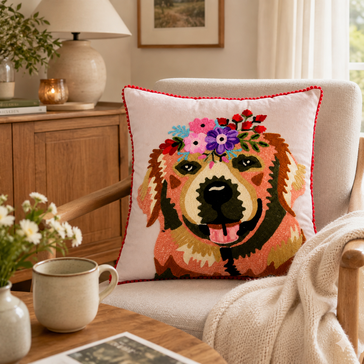 Flower Dog Embroidered Cushion (With Filling) – 45 ×45 cm