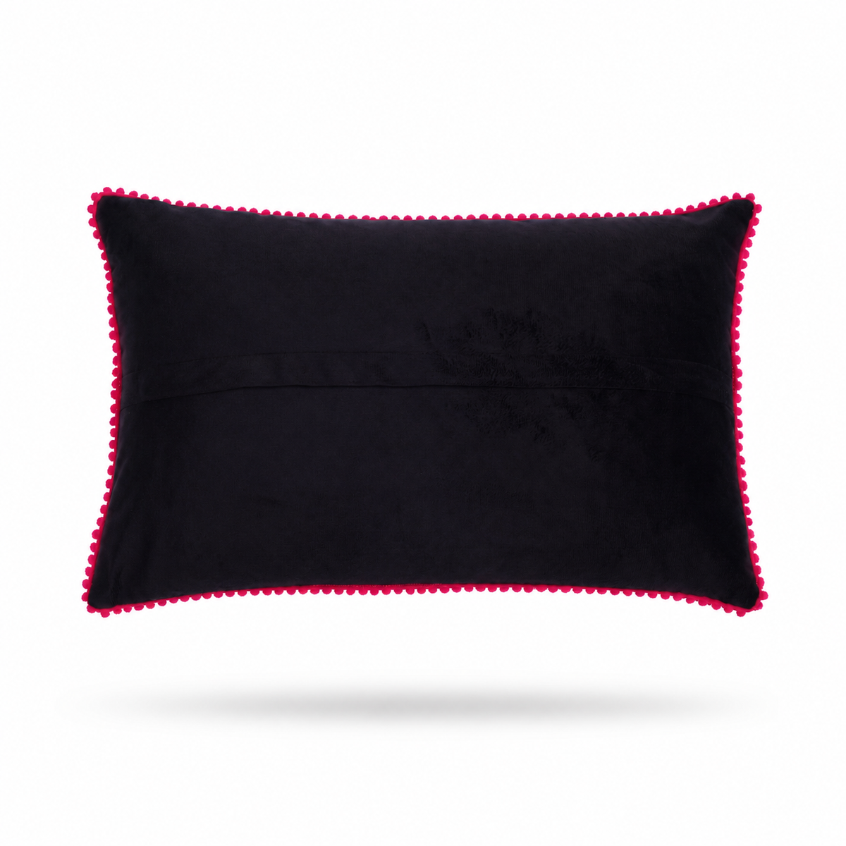 back of a rectangular decorative throw pillow with a vibrant floral embroidery pattern on a black background, finished with a pink pom-pom trim, shown against a plain white background.
