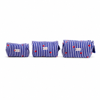 Three small zippered pouches in a matching blue and white striped fabric with small red hearts, arranged by size on a white background.