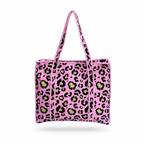 A pink leopard print tote bag with black and lime green spots, featuring two top handles and a zip-around closure, shown on a plain white background.