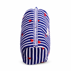 A zippered fabric pouch with a blue and white striped pattern and small red embroidered hearts, shown on a plain white background.