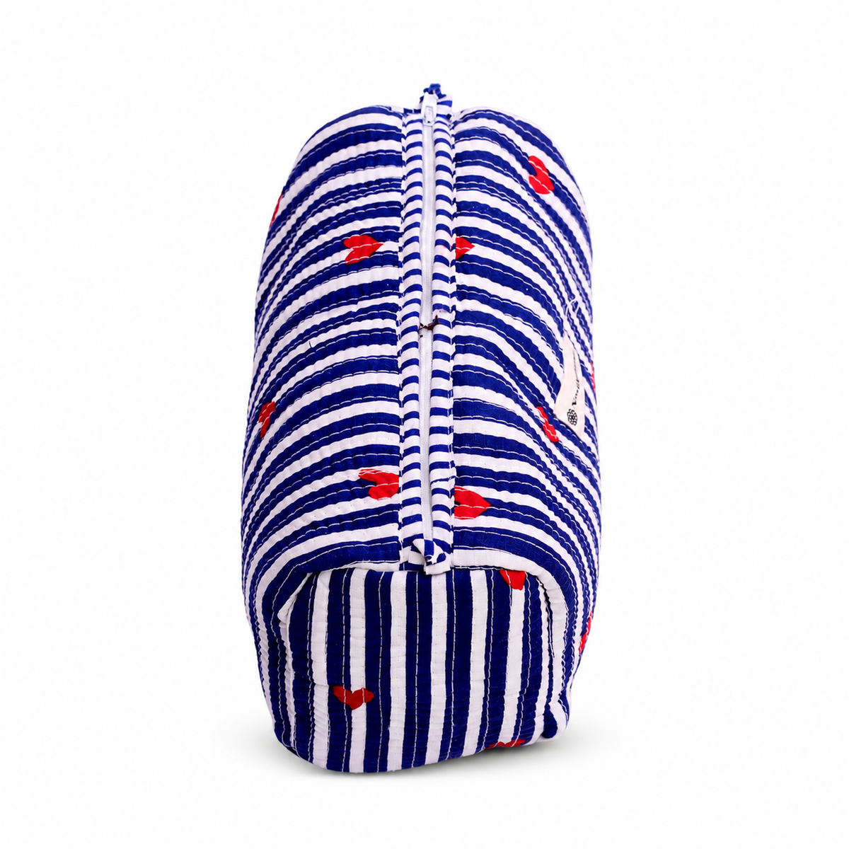 A zippered fabric pouch with a blue and white striped pattern and small red embroidered hearts, shown on a plain white background.