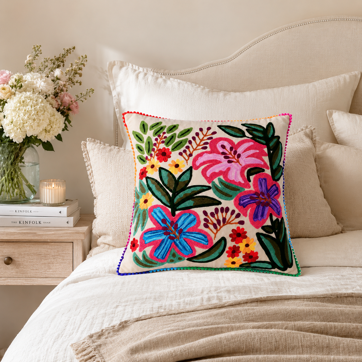 Tropical Bloom Embroidered Cushion (With Filling) – 45 ×45 cm