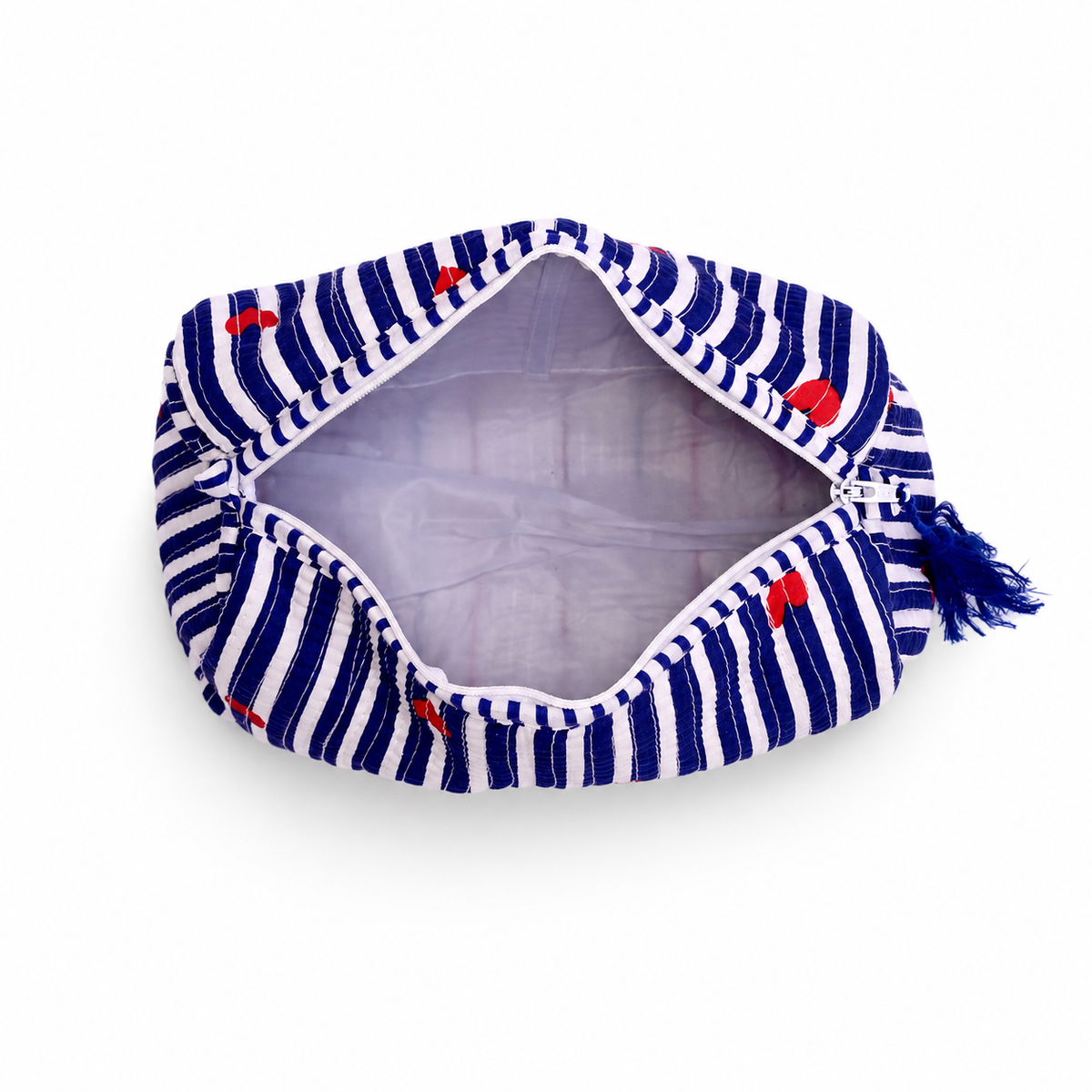 A fabric pouch with a blue and white striped pattern, accented with small red bows and a blue tassel zipper pull, shown open on a white background.