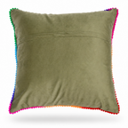 The backside of a square decorative throw pillow featuring a vibrant, multicolored floral embroidery pattern on an olive green velvet-like fabric, finished with colorful pom-pom trim along the edges.

