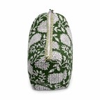 A fabric zippered pouch featuring a green and white floral block print pattern, with a striped green and white zipper pull, shown against a plain white background.