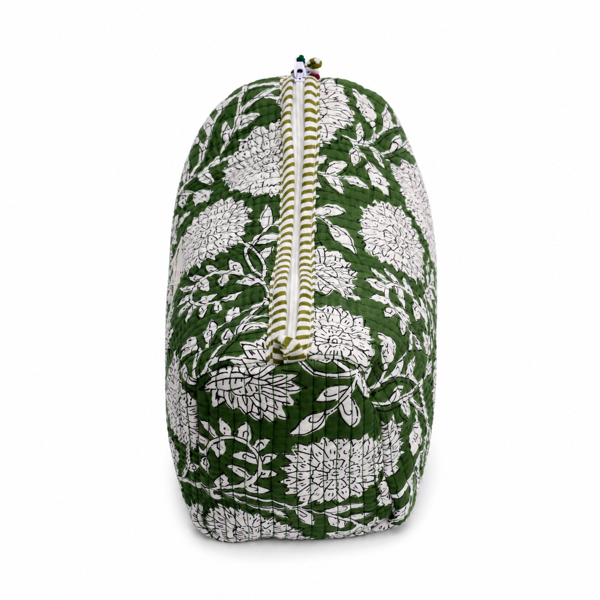 A fabric zippered pouch featuring a green and white floral block print pattern, with a striped green and white zipper pull, shown against a plain white background.