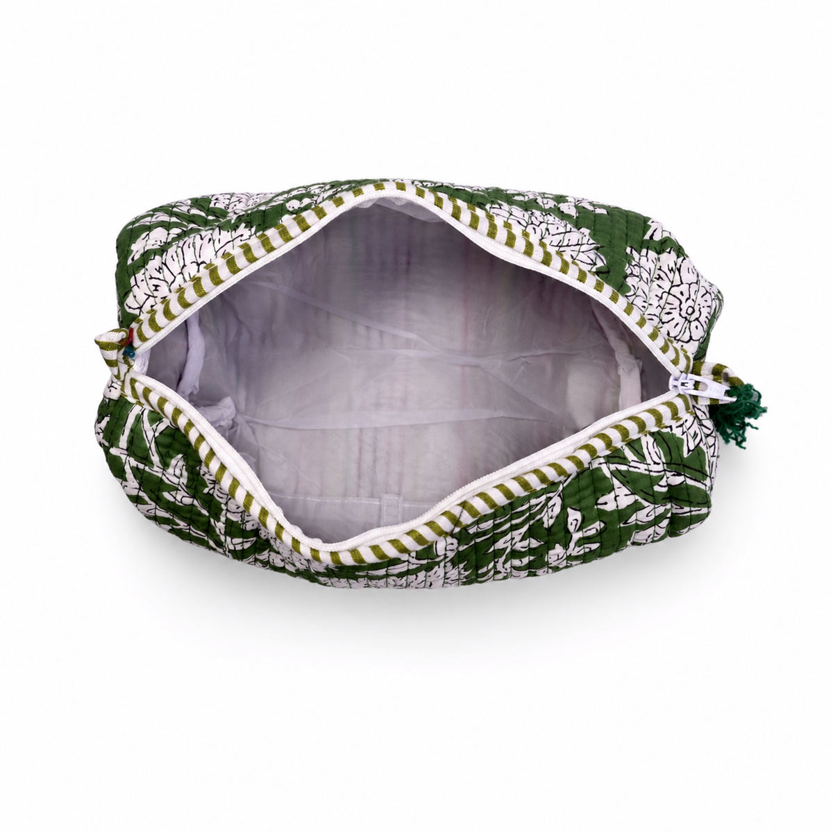 A fabric cosmetic pouch with a green and white floral print, shown open to reveal a light gray interior lining. The pouch features a drawstring closure with green tassels on a clean white background.