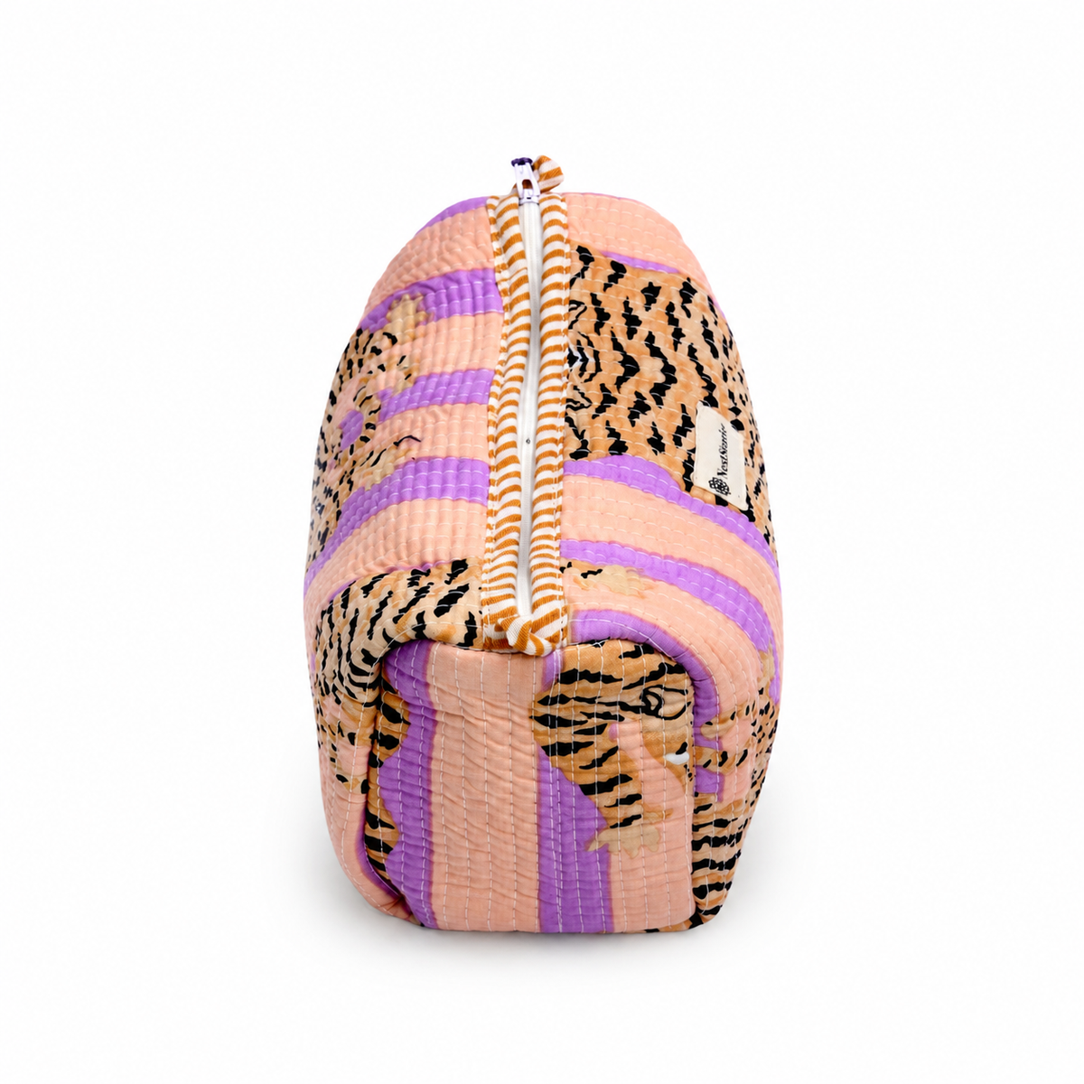 A woven zippered pouch featuring a pattern of peach, purple, black, and beige tiger stripes, shown against a plain white background.