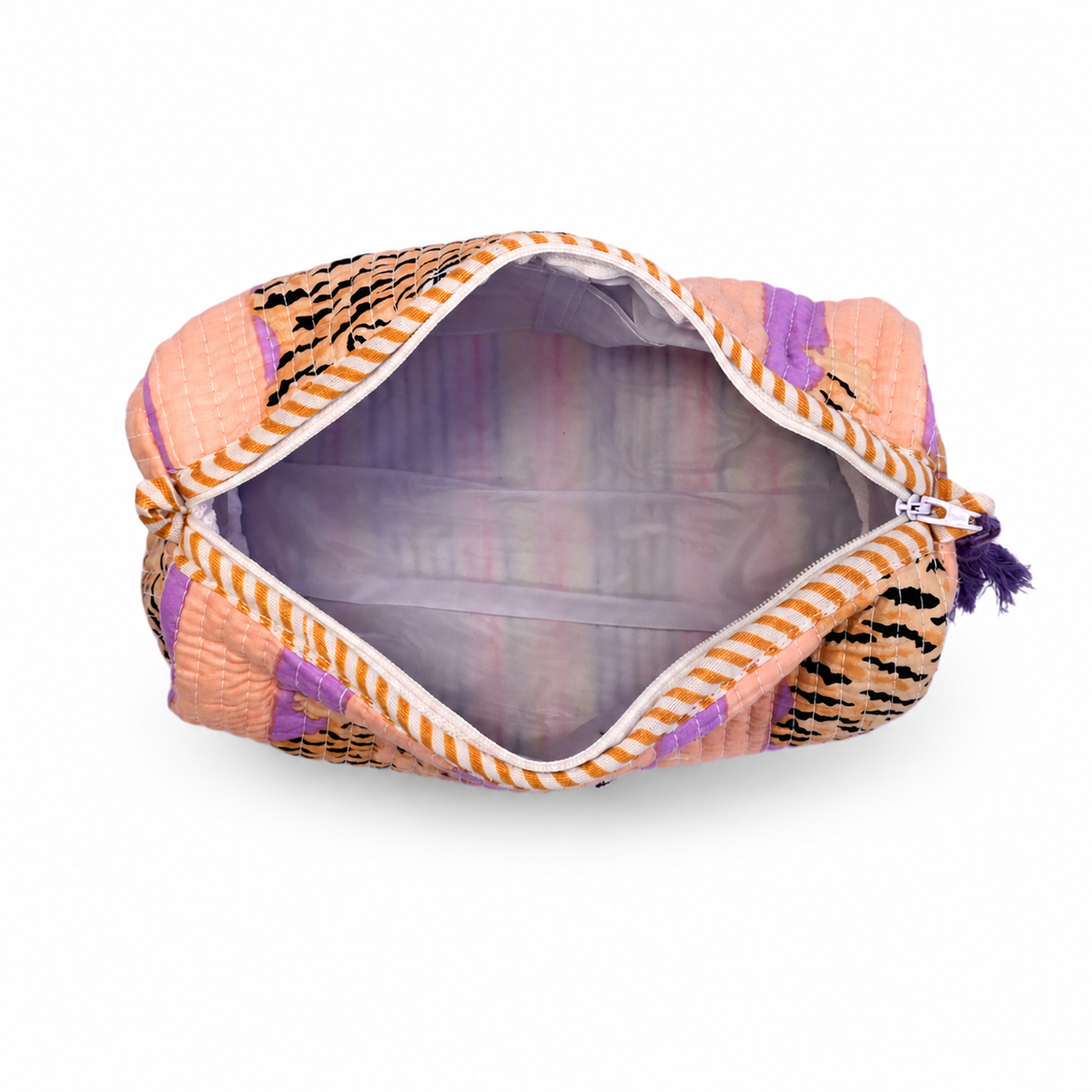 An open zippered cosmetic pouch with a multicolor patchwork design featuring peach, purple, black, and orange patterns, set against a plain white background.