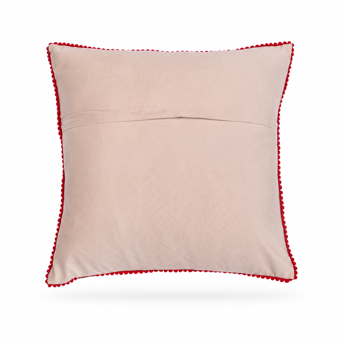 the backside of a square decorative throw pillow with a red pom-pom trim, featuring a colorful embroidered golden retriever face with a flower crown on a light beige background.