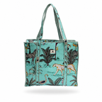 A structured tote bag with a vibrant turquoise and black jungle safari print, featuring illustrated zebras, leopards, palm trees, and flamingos, with matching woven shoulder straps, shown against a plain white background.
