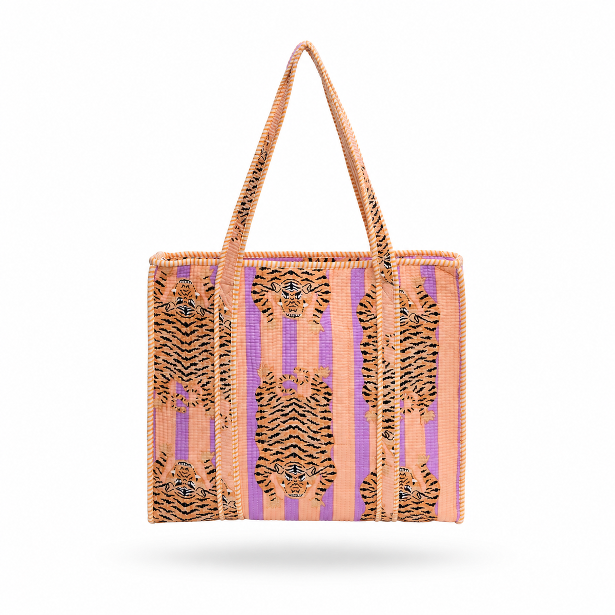 A woven tote bag featuring vertical lavender and peach stripes with embroidered tiger faces and black tiger-stripe details, set against a plain white background.