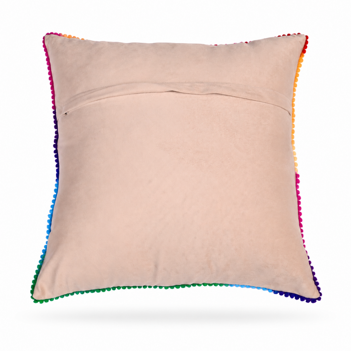 The backside of  a square decorative throw pillow with a colorful embroidered floral pattern on a cream background, finished with a multicolor pom-pom trim, shown on a off white background.