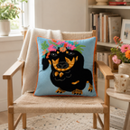 Flower Crown Dachshund  Embroidered Cushion (With Filling) – 45 ×45 cm