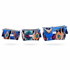Three small zip pouches with colorful ikat patterns in blue, orange, pink, green, and black, arranged horizontally on a white background.
