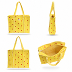 A yellow striped tote bag with red heart prints, shown from four angles: front, side, back, and open interior view on a white background.