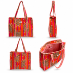 A tote bag shown from four angles on a white background: front, side, back, and open interior. The bag has a bright pink and orange striped pattern with tiger-stripe motifs and pink handles.