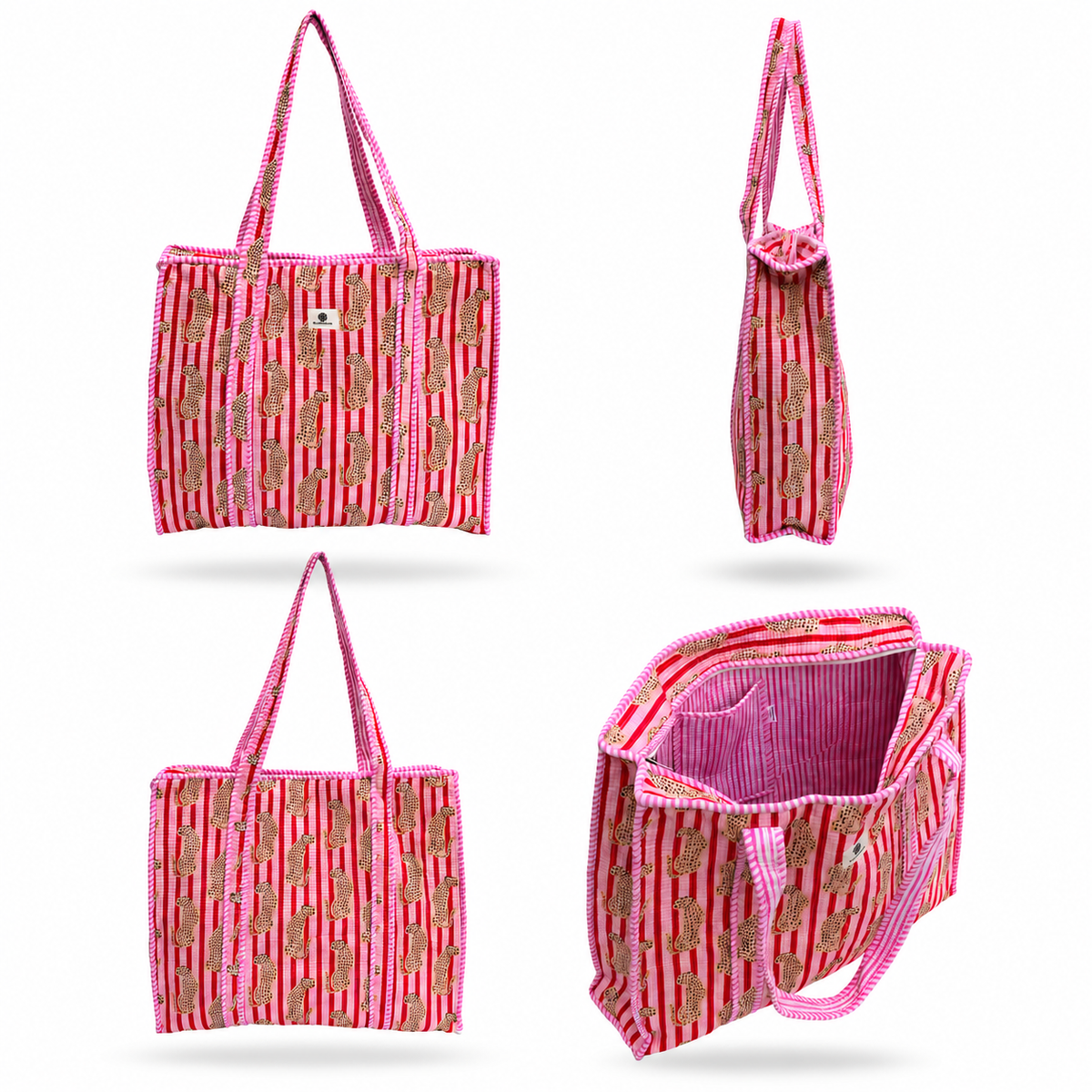 A pink striped woven tote bag shown from four angles on a white background: front, side, back, and open interior view. The bag has pink and red vertical stripes with a small central white label.